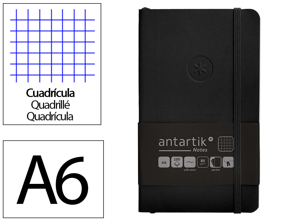 CADERNO COM ELASTICO ANTARTIK NOTES CAPA MOLE A6 QUADRICULADO PRETO 100 FOLHAS 80 GR FSC