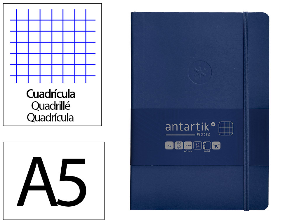 CADERNO COM ELASTICO ANTARTIK NOTES CAPA MOLE A5 QUADRICULADO AZUL MARINHO 80 FOLHAS 80 GR FSC