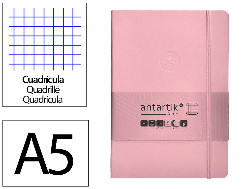CADERNO COM ELASTICO ANTARTIK NOTES CAPA MOLE A5 QUADRICULADO ROSA PASTEL 80 FOLHAS 80 GR FSC