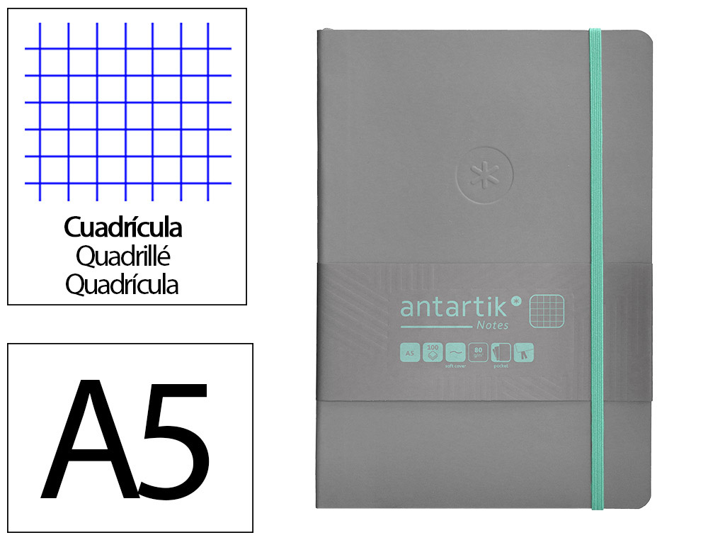 CADERNO COM ELASTICO ANTARTIK NOTES CAPA MOLE A5 QUADRICULADO CINZA E TURQUESA 80 FOLHAS 80 GR FSC