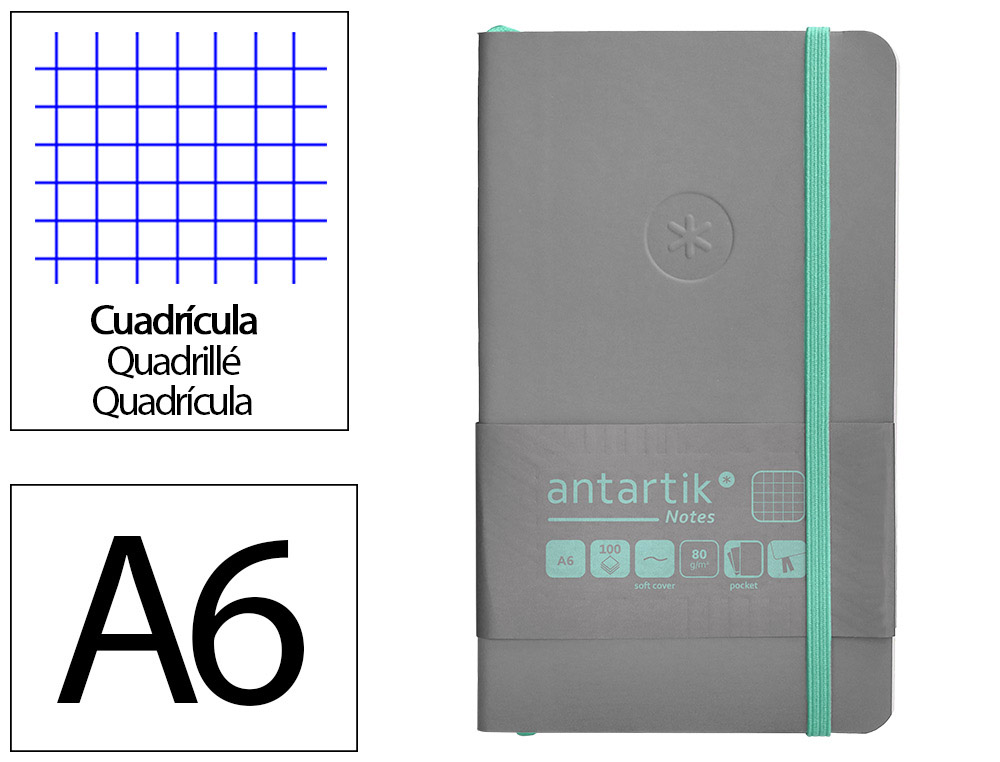 CADERNO COM ELASTICO ANTARTIK NOTES CAPA MOLE A6 QUADRICULADO CINZA E TURQUESA 100 FOLHAS 80 GR FSC