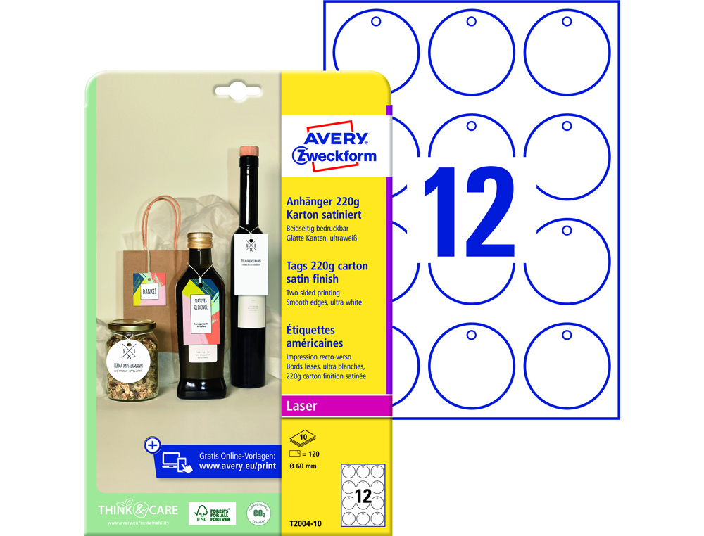 ETIQUETA PARA PENDURAR AVERY BRANCA 60 MM DIAMETRO IMPRIMIVEL DUPLA FACE CARTAO 220 GR PACK DE 120 UNIDADES