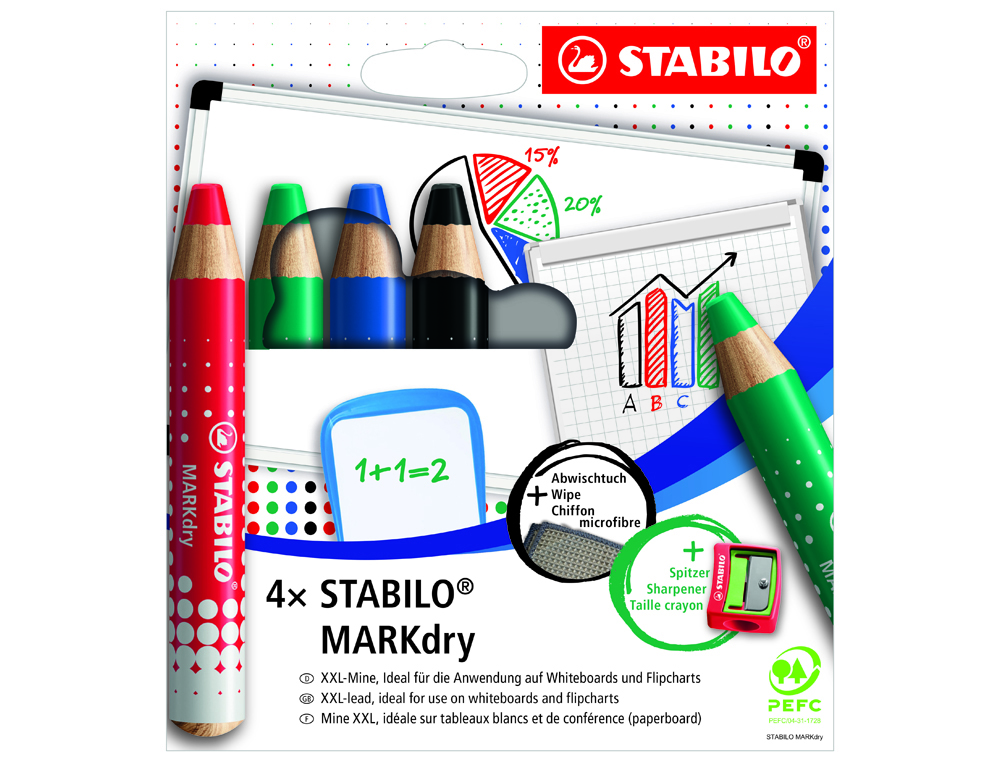 LAPIS MARCADOR EM SECO STABILO MARKDRY PARA QUADRO BRANCO ESTOJO DE 4 UNIDADES CORES SORTIDAS