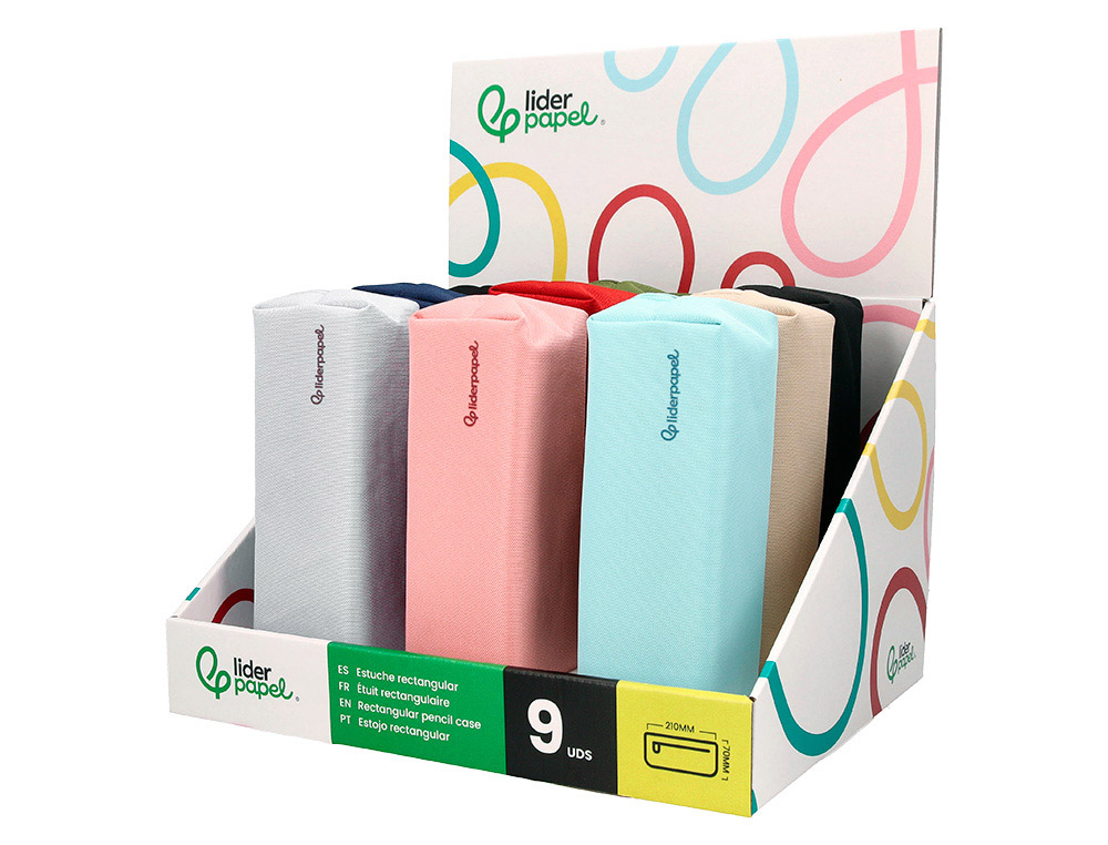 ESTOJO ESCOLAR LIDERPAPEL CLASSIC RETANGULAR COM ASA 210X70MM EXPOSITOR CORES SORTIDAS 9 UNIDADES