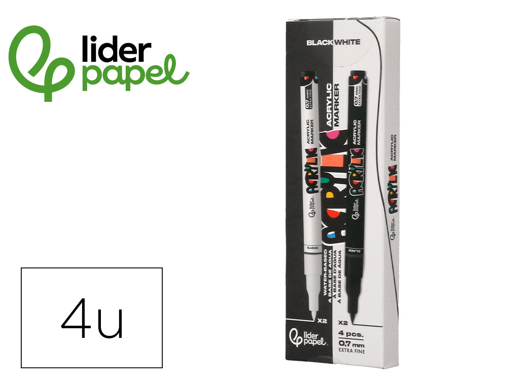 MARCADOR LIDERPAPEL ACRYLIC BASE AGUA TODO TIPO DE SUPERFICIE PONTA FINA 0,7 MM CAIXA DE 4 UNIDADES BRANCO E PRETO