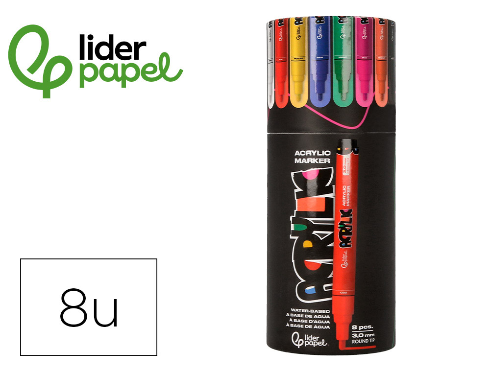 MARCADOR LIDERPAPEL ACRYLIC BASE AGUA TODO TIPO DE SUPERFICIE PONTA REDONDA 3 MM CAIXA DE 8 UNIDADES CORES