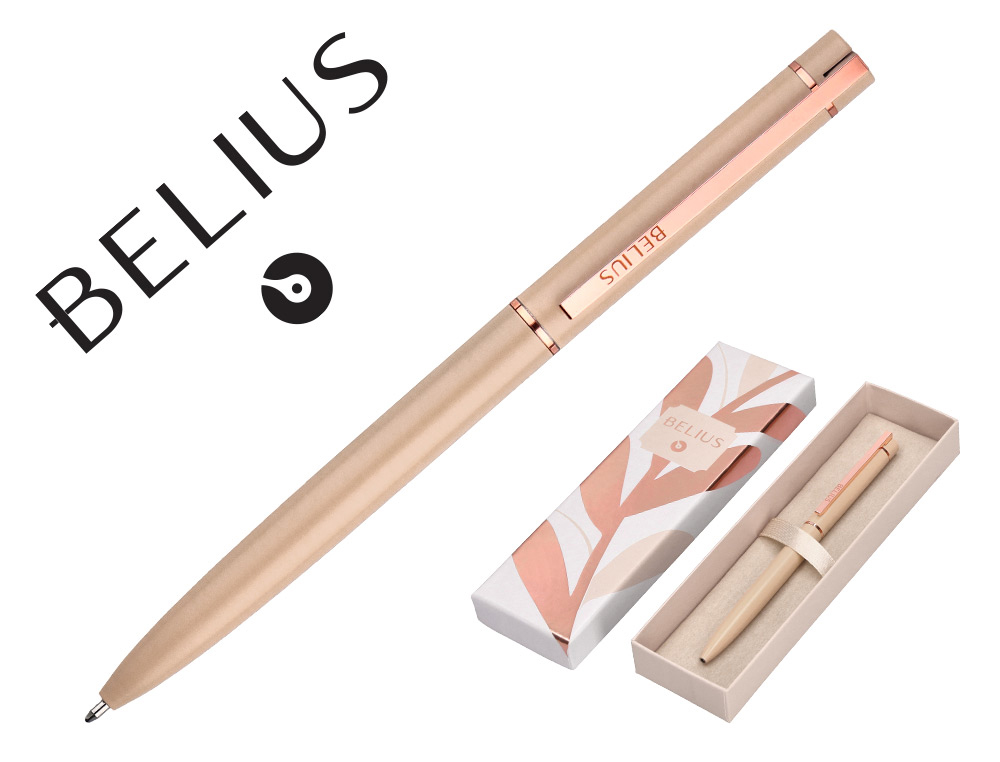 ESFEROGRAFICA BELIUS ROSE ALUMINIO COR BEGE CLARO OURO ROSA TINTA AZUL CAIXA DE DESIGN