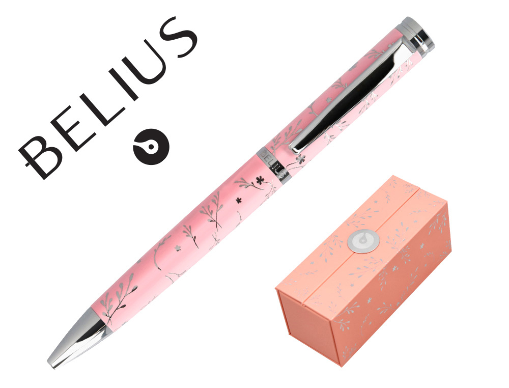 ESFEROGRAFICA BELIUS COLECAO1 ALUMINIO COR ROSA DESENHO PRATEADO RELEVO TINTA AZUL CAIXA DE DESIGN