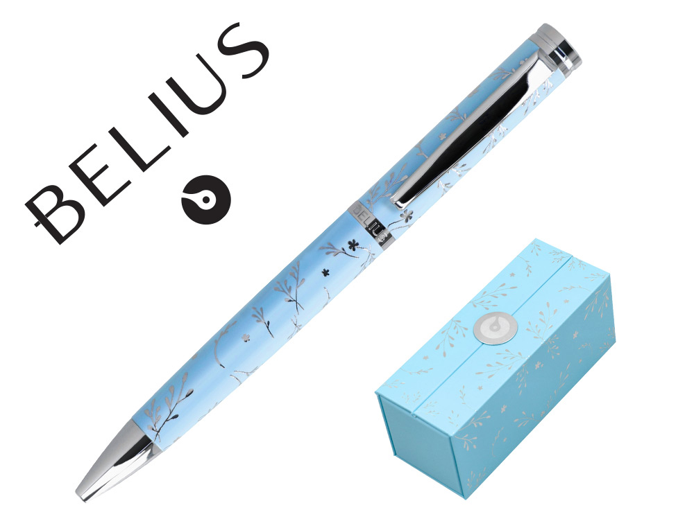 ESFEROGRAFICA BELIUS COLECAO1 ALUMINIO COR AZUL CELESTE DESENHO PRATEADO RELEVO TINTA AZUL CAIXA DE DESIGN