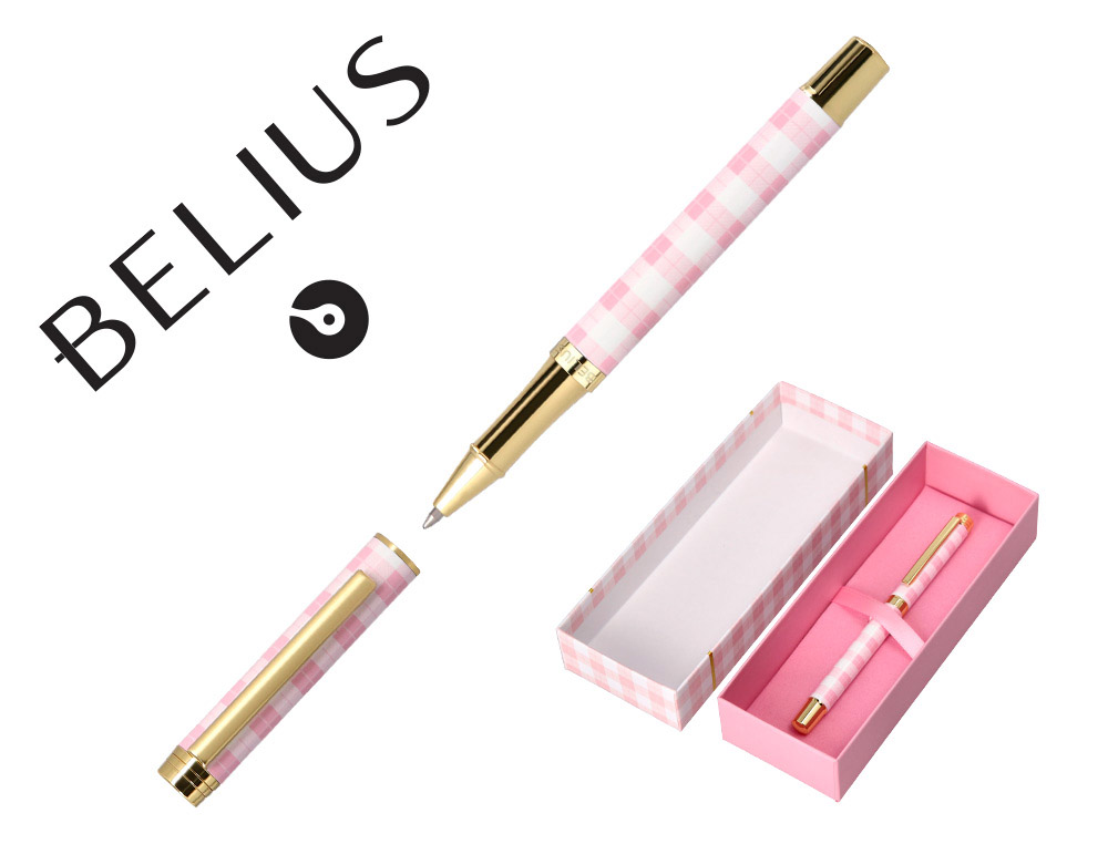 ESFEROGRAFICA BELIUS PICNIC ALUMINIO COR ROSA CELESTE DOURADO TINTA COR PRETO CAIXA DE DESIGN