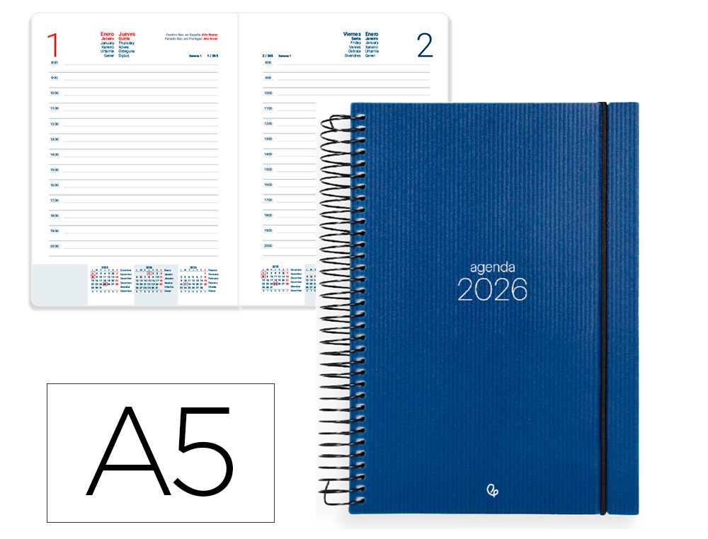 AGENDA ESPIRAL LIDERPAPEL OLBIA A5 2026 DIA PAGINA AZUL PAPEL 60 GR FSC