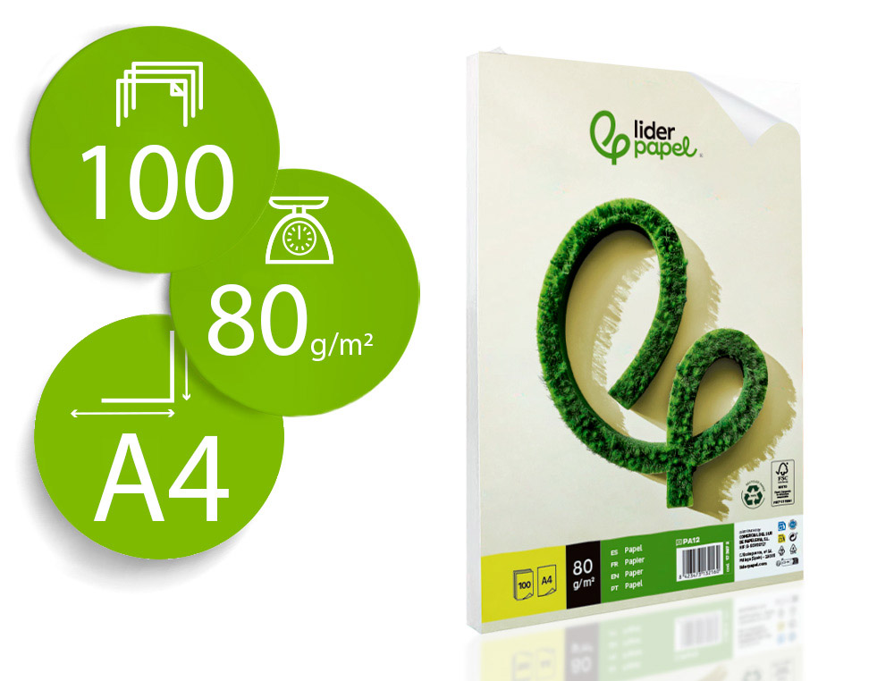 PAPEL LIDERPAPEL A4 80 GR RECICLADO LISO EMBALAGEM DE 100 FOLHAS