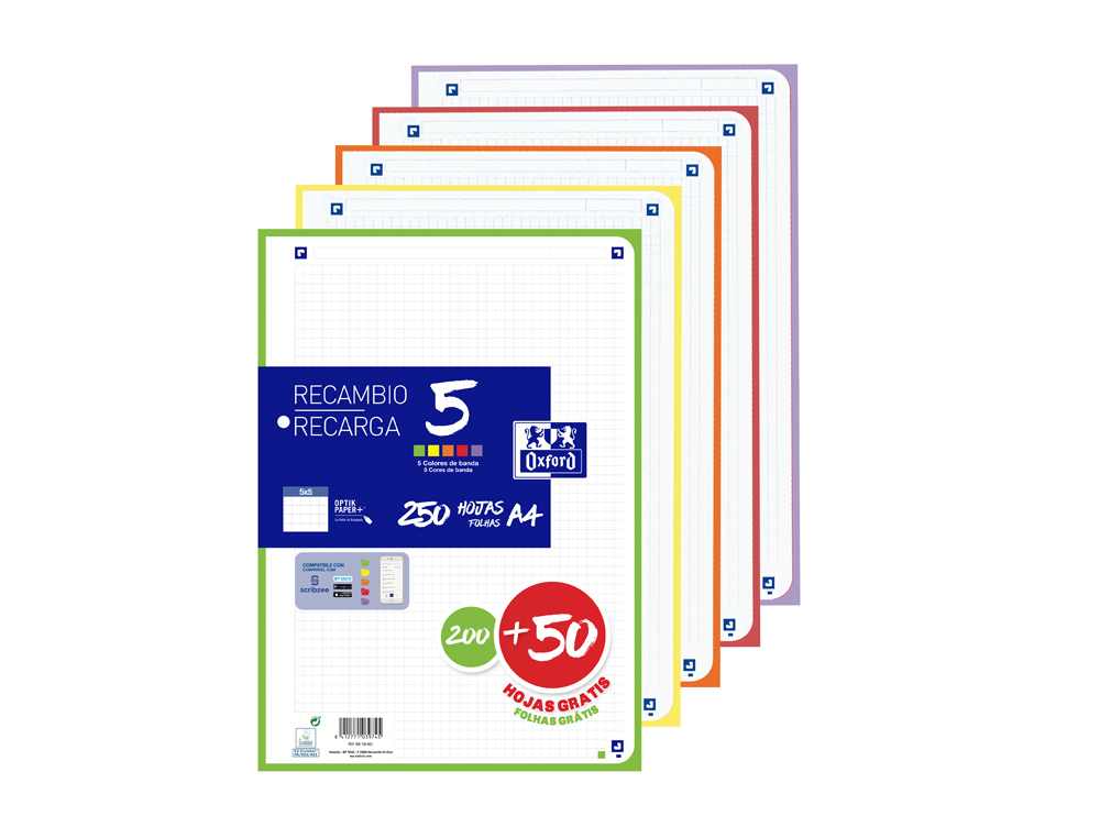 RECARGA OXFORD DIN A4 200 + 50 FOLHAS GRATIS QUADRICULA 5 MM 4 FUROS COM BANDA 5