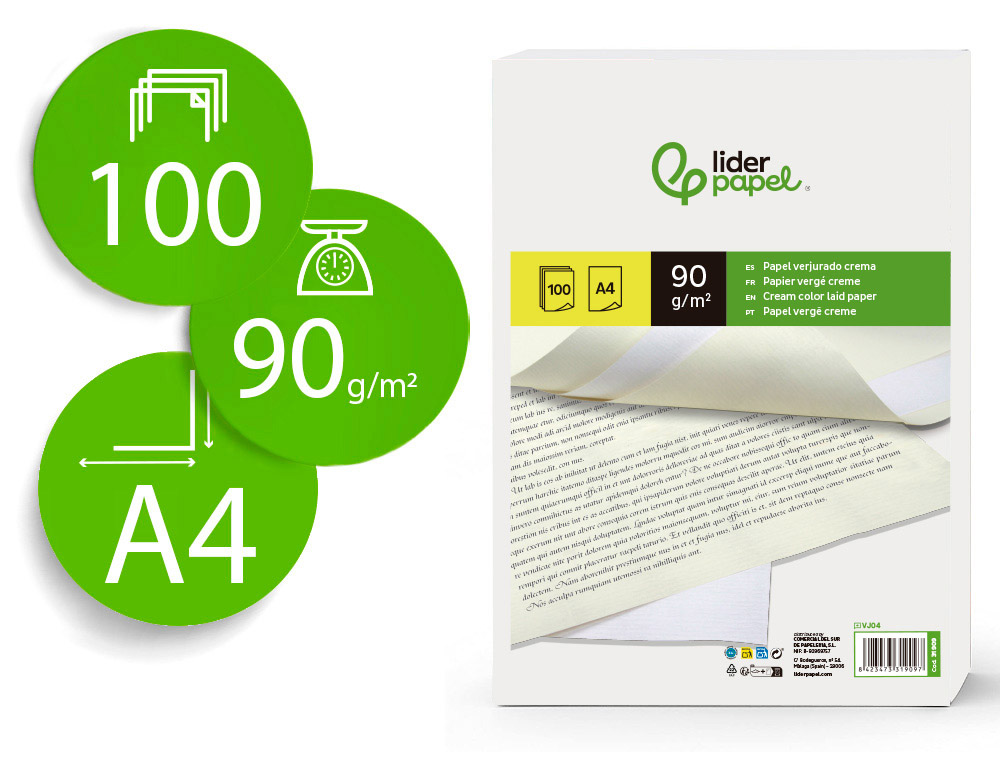 PAPEL VERGE LIDERPAPEL DIN A4 90 GR CREME EMBALAGEM DE 100 FOLHAS