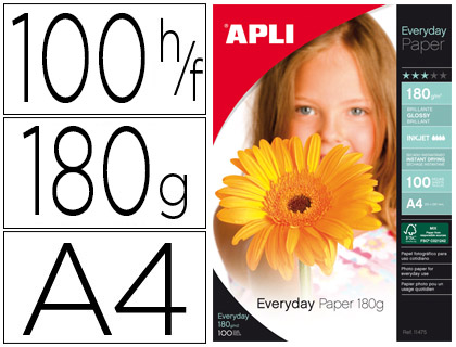 PAPEL FOTOGRAFICO APLI GLOSSY DIN A4 180 GR EMBALAGEM DE 100 FOLHAS