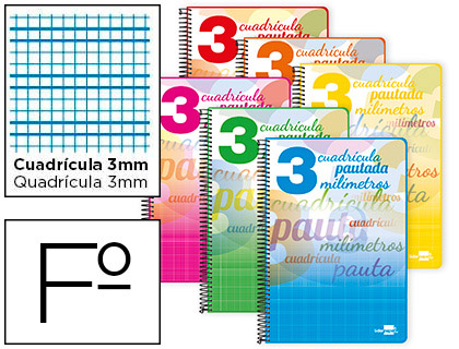 BLOC ESPIRAL LIDERPAPEL TAPA CARTONCILLO FOLIO 80 HOJAS CUADRICULADO PAUTADO 3 MM 70 GRS CON MARGEN COLORES