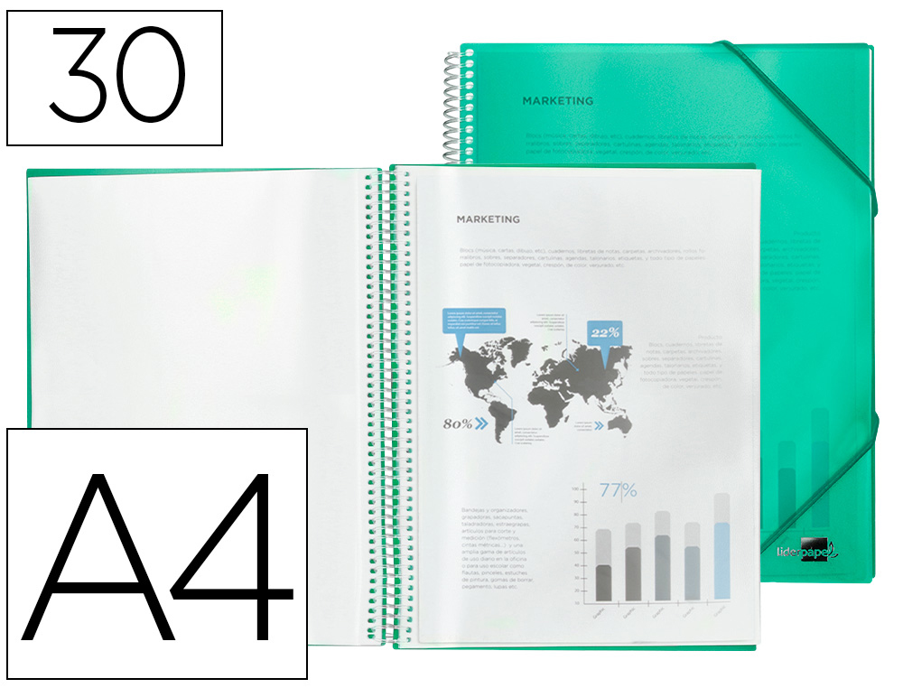 CAPA CATALOGO LIDERPAPEL COM ESPIRAL 30 BOLSAS POLIPROPILENO DIN A4 VERDE