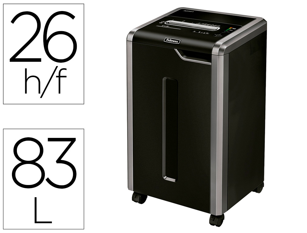 DESTRUIDORA DE DOCUMENTOS FELLOWES 325I COM CICLO DE TRABALHO CONTINUO CAPACIDADE DE CORTE 26 FOLHAS DESTROI CLIPS CART