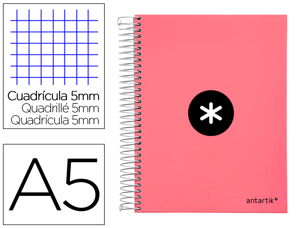CADERNO ESPIRAL DIN A5 ANTARTIK CAPA FORRADA 120 F 100 GR QUADRICULA 5 MM 5 BANDAS DE CORES COR CORAL