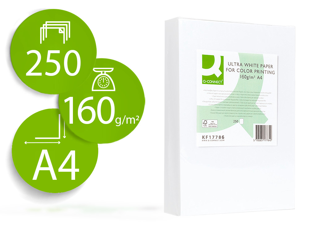 PAPEL FOTOCOPIA ULTRA WHITE Q-CONNECT DIN A4 160 GR EMBALAGEM DE 250 FOLHAS