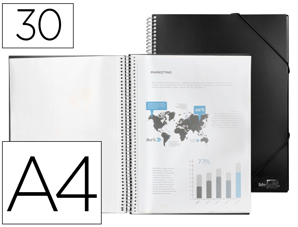 CAPA CATALOGO LIDERPAPEL COM ESPIRAL 30 BOLSAS POLIPROPILENO DIN A4 PRETO