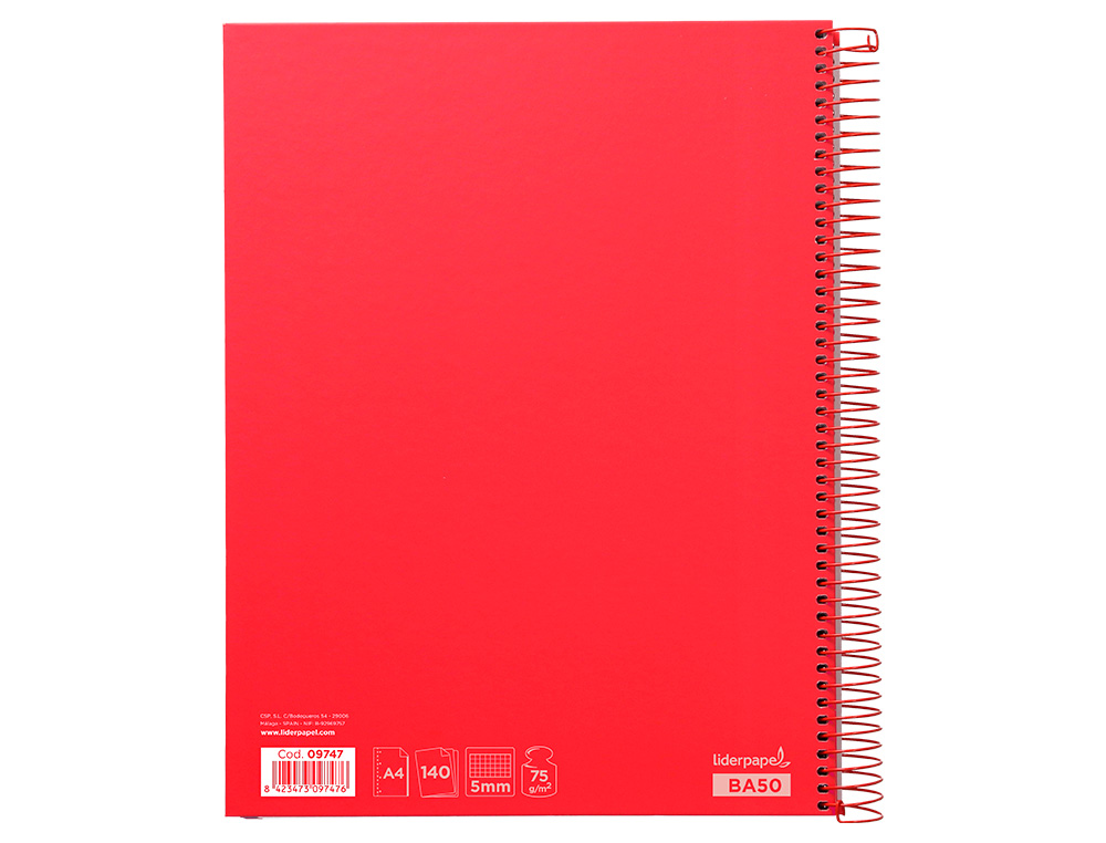 CADERNO ESPIRAL LIDERPAPEL JOLLY MICRO DIN A4 CAPA FORRADA 140 F 75 GR QUADRICULA 5MM 5 BANDAS DE CORES 4 FUROS COR VERM