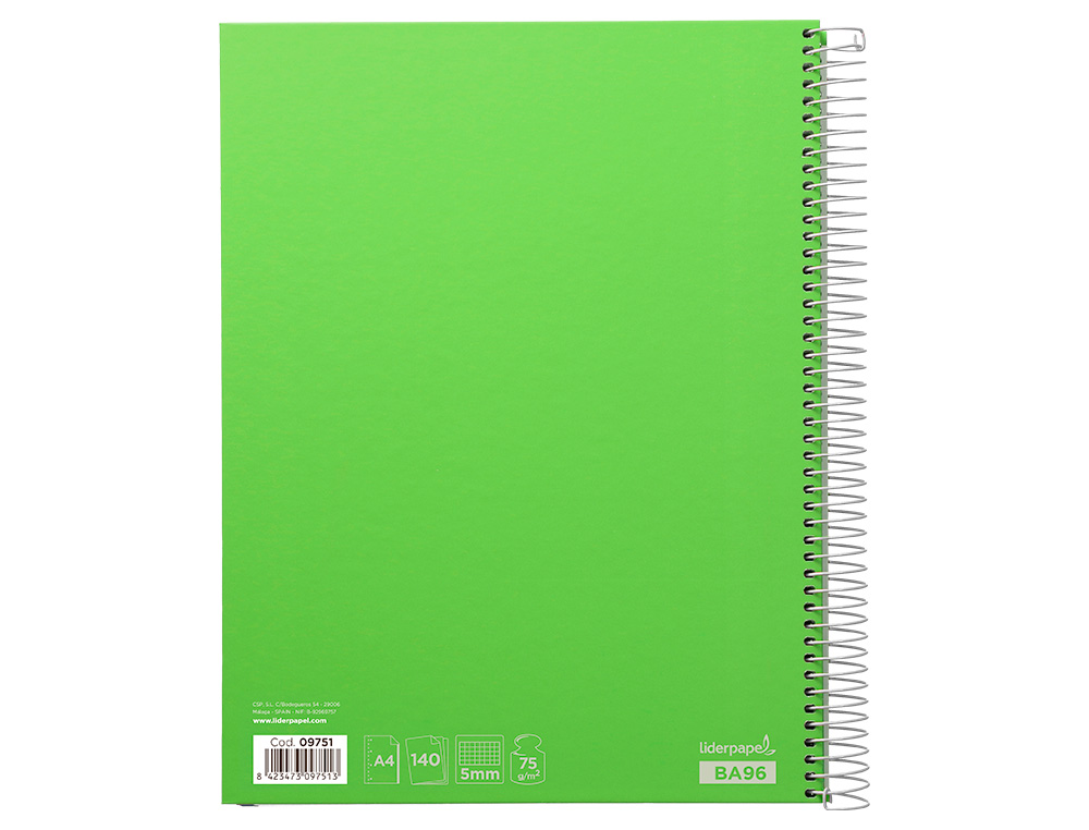 CADERNO ESPIRAL LIDERPAPEL JOLLY MICRO DIN A4 CAPA FORRADA 140 F 75 GR QUADRICULA 5MM 5 BANDAS DE CORES 4 FUROS COR VERD