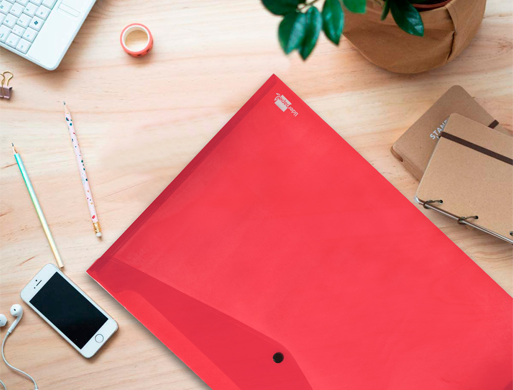BOLSA PORTA DOCUMENTOS LIDERPAPEL COM MOLA DIN A3 VERMELHO TRANSLUCIDO