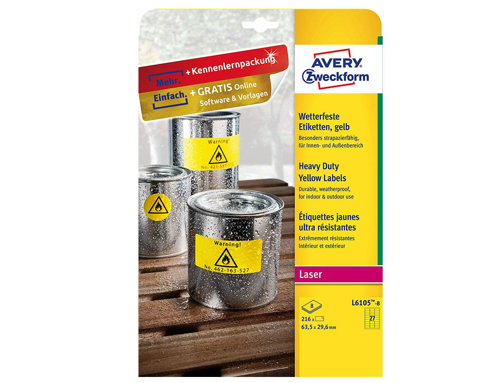 ETIQUETA ADESIVA AVERY POLIESTER AMARELO FLUORESCENTE 63,5X29,6 MM PACK DE 8 UNIDADES