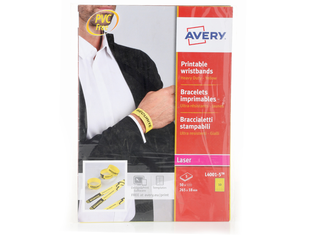 PULSEIRA IDENTIFICATIVA AVERY POLIETILENO AMARELO FLUORESCENTE IMPRIMIVEL LASER 265X18 MM PACK DE 50 UNIDADES