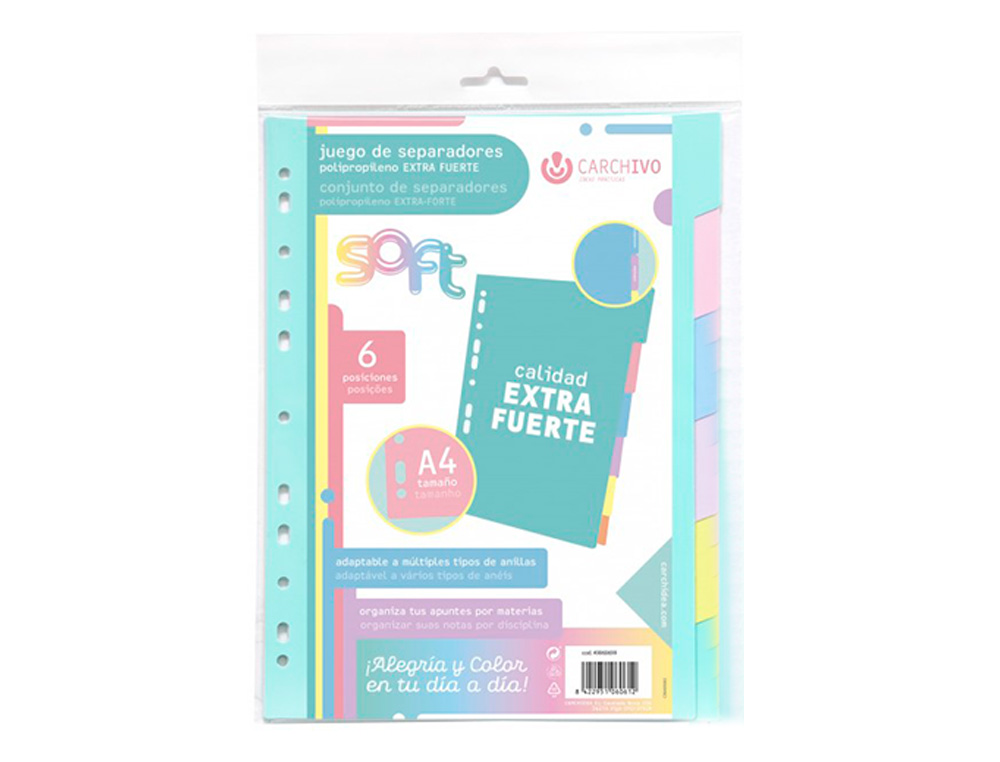 SEPARADOR CARCHIVO POLIPROPILENO SOFT EXTRA FORTE DIN A4 MULTIPERFURADO CONJUNTO DE 6 POSICOES