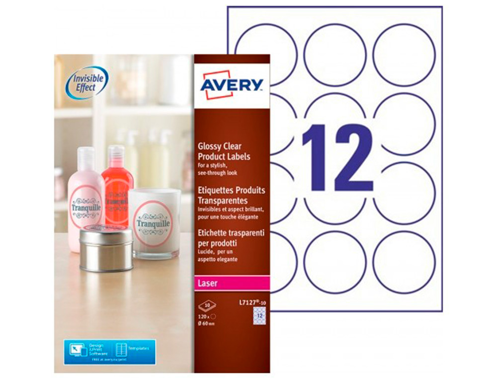 ETIQUETA ADESIVA AVERY BRILHANTE INVISIVEL REDONDA PARA IMPRESSORA LASER 60 MM CAIXA DE 120