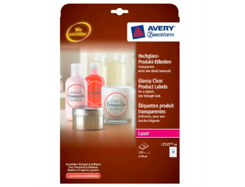ETIQUETA ADESIVA AVERY BRILHANTE INVISIVEL REDONDA PARA IMPRESSORA LASER 60 MM CAIXA DE 120