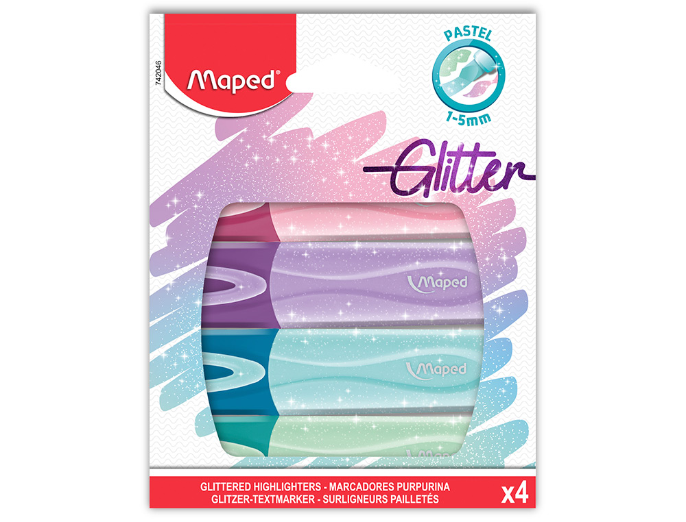 MARCADOR MAPED FLUORESCENTE PEPS PASTEL COM GLITTER ESTOJO DE 4 UNIDADES CORES SORTIDAS