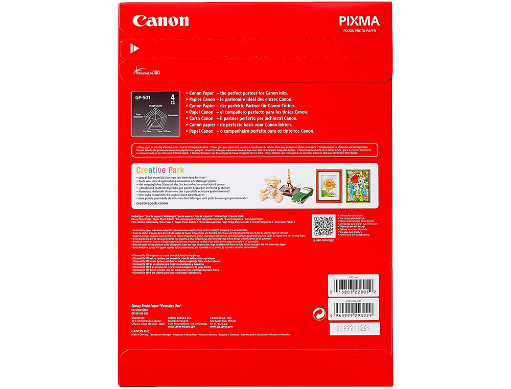 PAPEL FOTO CANON BRILHANTE A4 200 GR EMBALAGEM DE 100 FOLHAS