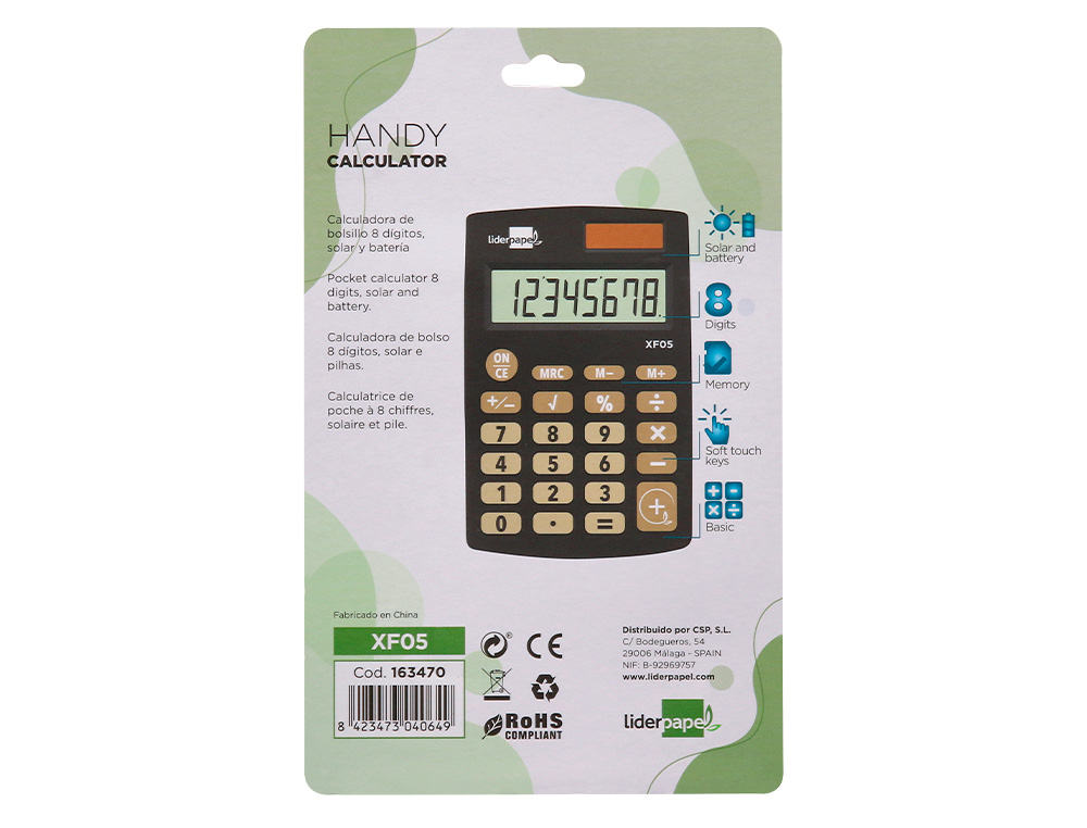 CALCULADORA LIDERPAPEL DE BOLSO XF05 8 DIGITOS SOLAR E PILHAS COR PRETO 98X62X8 MM