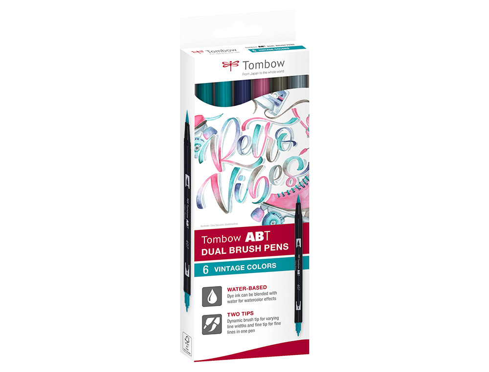 MARCADOR TOMBOW AGUARELAVEL DUPLA PONTA FINA/PINCEL CORES VINTAGE CAIXA DE 6 UNIDADES CORES SORTIDAS