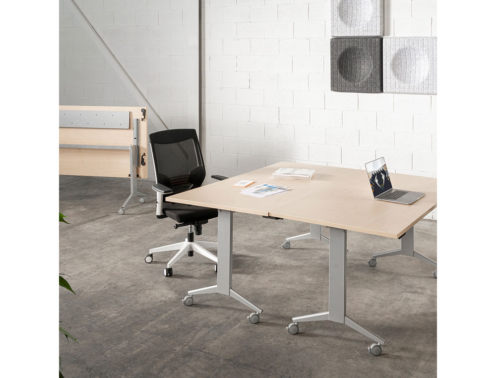MESA DE ESCRITORIO ROCADA 180X80CM COM TABULEIRO REBATIVEL 90 ACABAMENTO FD01 ALUMINIO/FAIA
