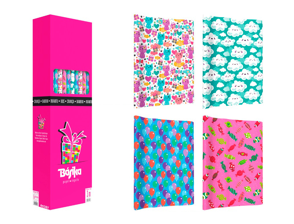 PAPEL FANTASIA BASIKA INFANTIL ROLO DE 100 X 300 CM MODELOS SORTIDOS