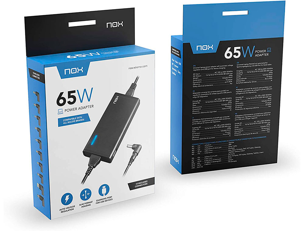 ADAPTADOR DE CORRENTE NOX PARA PORTATIL 65W USB COM 10 CONECTORES