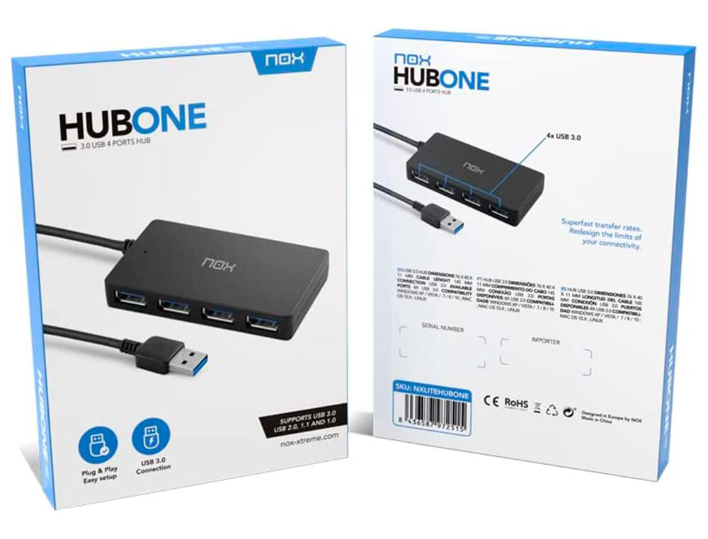 HUB NOX 4 PORTAS USB 3.0 COMPATIVEL COM WINDOWS MAC E LINUX