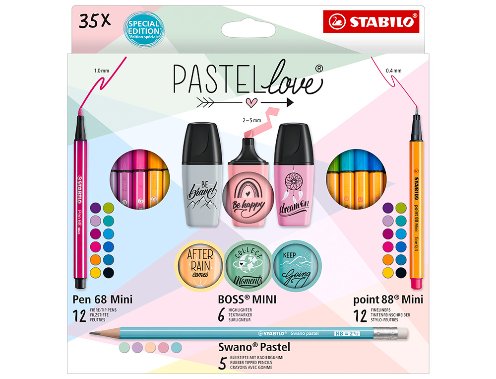 CONJUNTO STABILO PASTEL LOVE MINI WORLD PEN 68 / POINT 88 / BOSS / SWANO 35 UNIDADES SORTIDAS