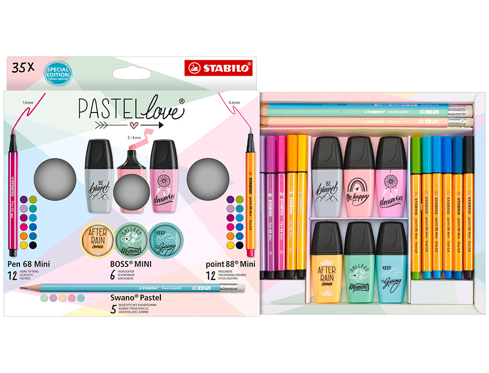 CONJUNTO STABILO PASTEL LOVE MINI WORLD PEN 68 / POINT 88 / BOSS / SWANO 35 UNIDADES SORTIDAS