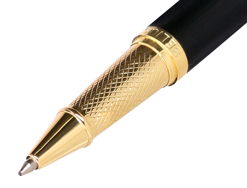 ESFEROGRAFICA E ESTOJO COURO BELIUS PASSION DOR ALUMINIO TEXTURA ESCOVADO PRETO E DOURADO TINTA AZUL CAIXA DESIGN