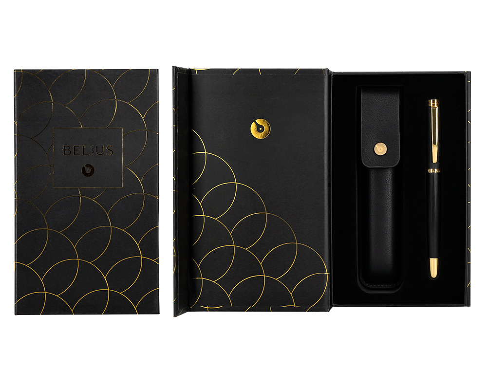 ESFEROGRAFICA E ESTOJO COURO BELIUS PASSION DOR ALUMINIO TEXTURA ESCOVADO PRETO E DOURADO TINTA AZUL CAIXA DESIGN