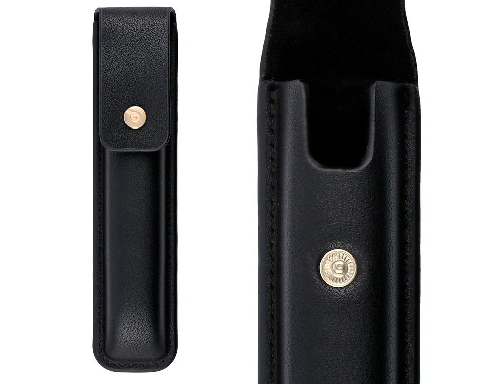 ESFEROGRAFICA E ESTOJO COURO BELIUS PASSION DOR ALUMINIO TEXTURA ESCOVADO PRETO E DOURADO TINTA AZUL CAIXA DESIGN