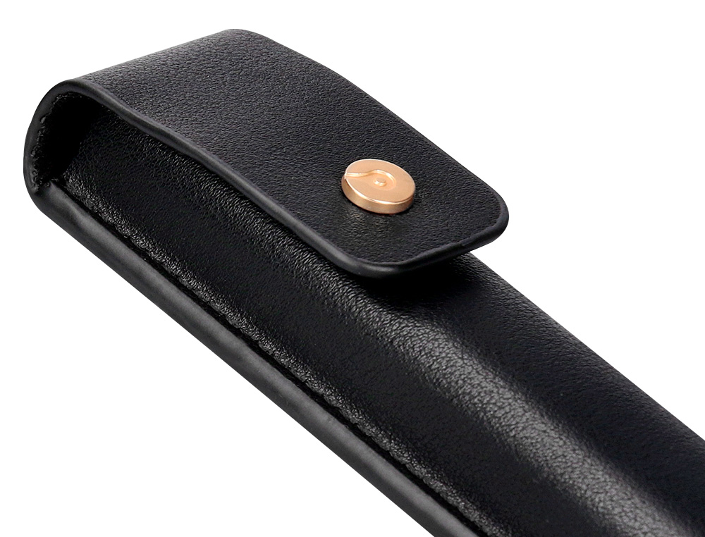 ESFEROGRAFICA E ESTOJO COURO BELIUS PASSION DOR ALUMINIO TEXTURA ESCOVADO PRETO E DOURADO TINTA AZUL CAIXA DESIGN