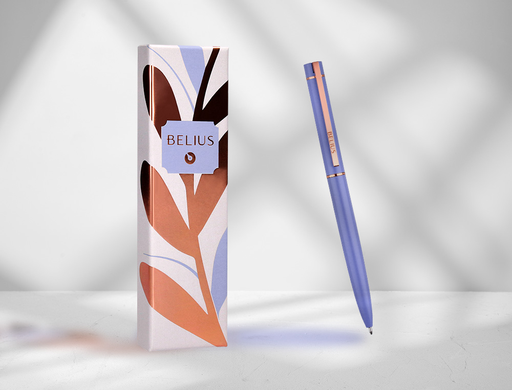 ESFEROGRAFICA BELIUS ROSE ALUMINIO DESENHO LAVANDA OURO ROSA TINTA AZUL CAIXA DESIGN