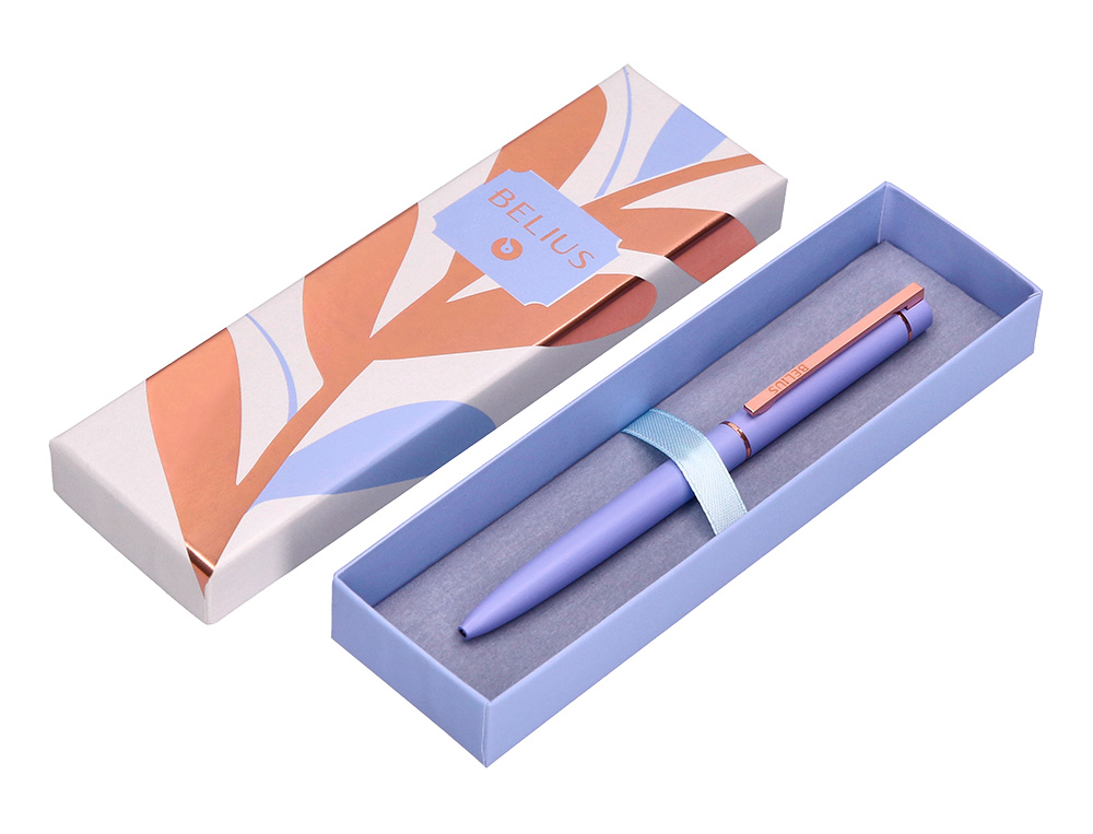 ESFEROGRAFICA BELIUS ROSE ALUMINIO DESENHO LAVANDA OURO ROSA TINTA AZUL CAIXA DESIGN