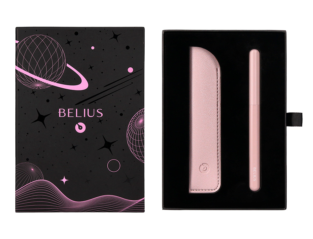 CANETA E BOLSA EM IMITACAO PELE BELIUS SPACE B DESENHO MINIMALISTA ROSA TINTA AZUL CAIXA DESIGN